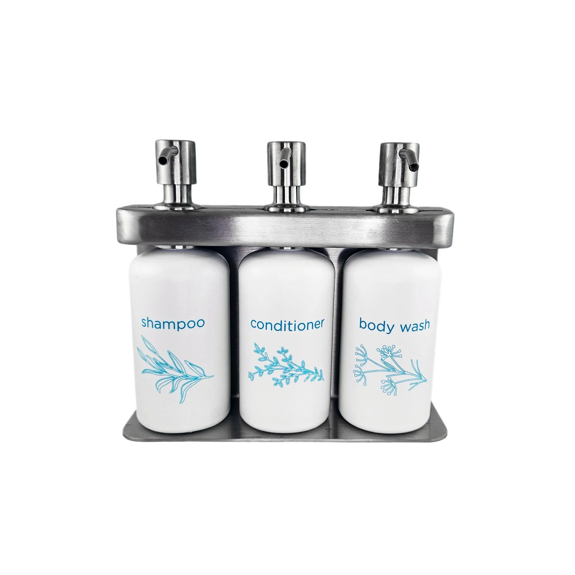 Stainless Steel Non-branded Amenity Dispenser Set w/ Bottles and Pumps