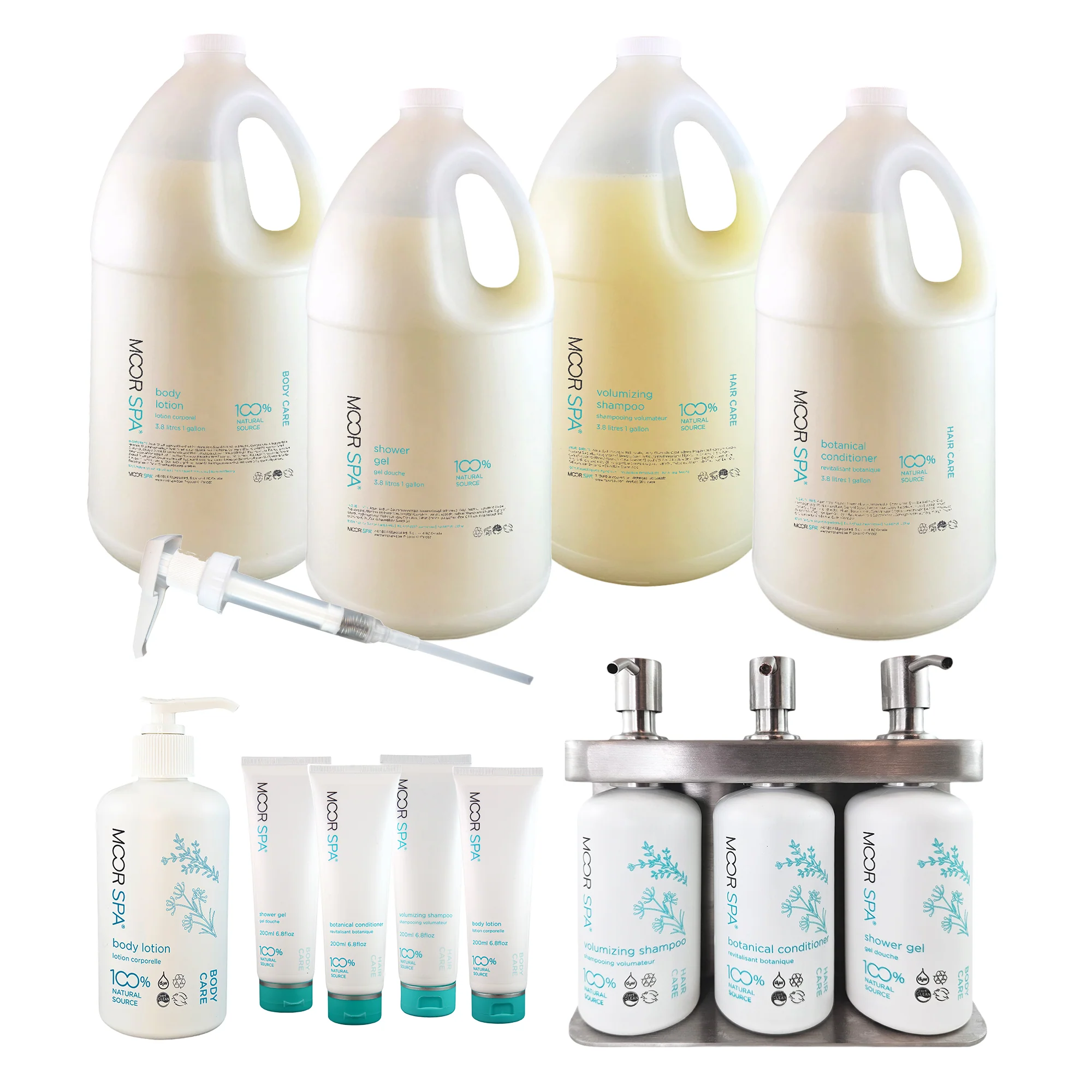 Moor Spa Shower Amenity & Retail Package w/ Free Stainless Steel Dispenser
