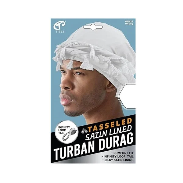 Titan Tasseled Satin Lined Turban Durag #11429 - White